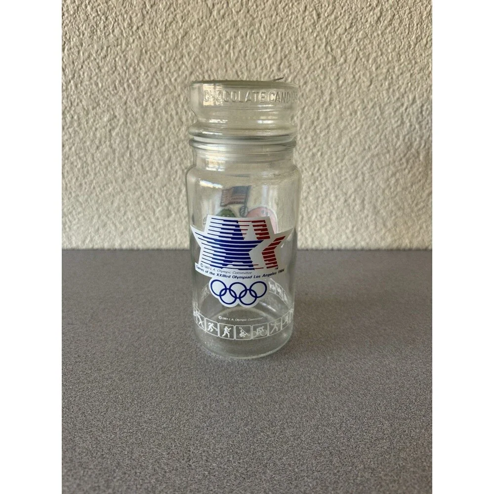 Vintage M&M’s 1984 Olympic Commemorative Glass Jar with Lid 8”